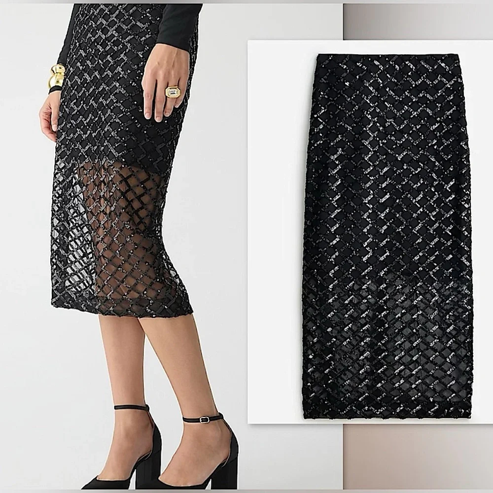 ▪️J Crew Lattice Sequin Pencil Skirt in Black, 12 NWT✨